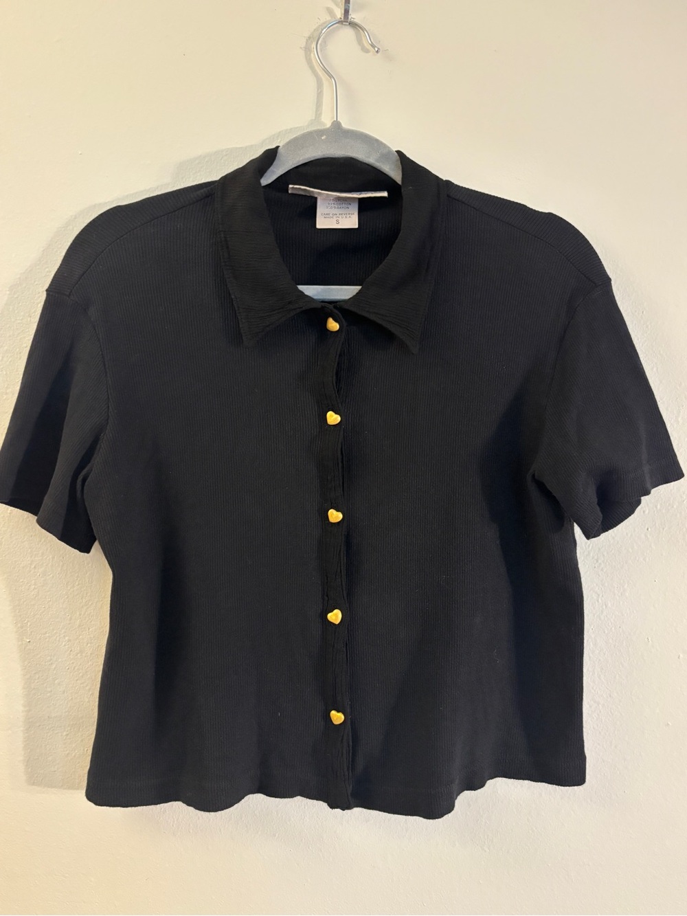 Barbara Lesser Short-Sleeve Collared Button-Up Top with Gold Heart Buttons